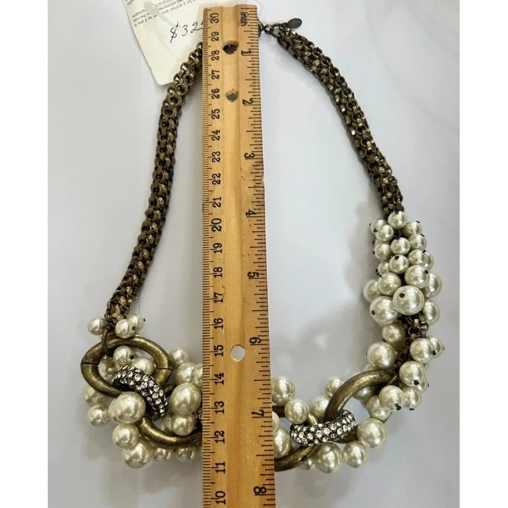 NOS Lee Angel Faux Pearl Rhinestone Link Necklace Antiqued Gold Y2K Luxe Baroque